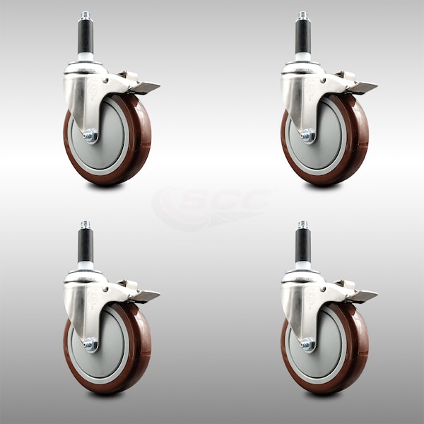 Service Caster 5 Inch 316SS Maroon Poly Swivel 3/4 Inch Expanding Stem Caster Set Lock Brake SCC-SS316TTLEX20S514-PPUB-MRN-34-4 - main
